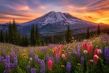 Fototapeta premium Wildflower meadow blooming below snow capped mountain at sunset