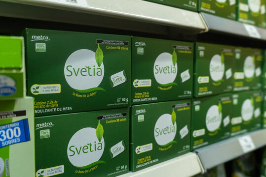 Villa de Alvarez, Colima. Mexico. June 14, 2026: Metco stevia table sweetener boxes on supermarket shelf