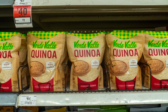 Villa de Alvarez, Colima. Mexico. June 14, 2026: Verde Valle quinoa packages on supermarket shelf