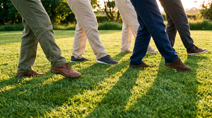 Fototapeta premium Diverse men walking together on green grass, unity, teamwork, friendship, outdoor activity