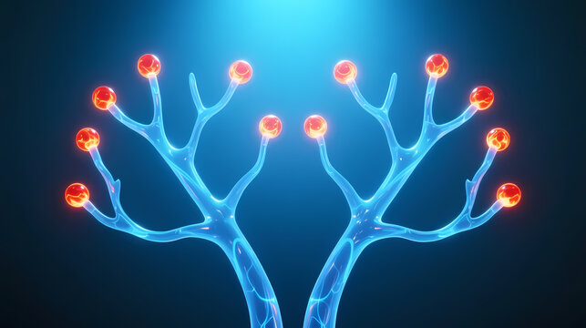 Symmetric blue neurons with glowing red nuclei