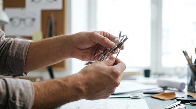 Optician inspecting the hinges and lenses of a pair of metal eyeglasses frames at a desk
