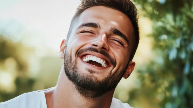 Joyful expression on a smiling man with sunshine in the background.