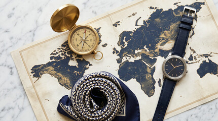Naklejka premium Vintage Compass, World Map, and Watch: Travel Adventure Concept