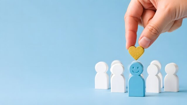 Hand placing a golden heart on top of a blue smiling human figure among white figures on a blue background, concept of choosing a leader, empathy, care, or customer satisfaction