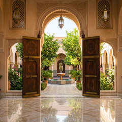 Fototapeta premium Ornate Moroccan Courtyard Entrance with Fountain and Lush Greenery