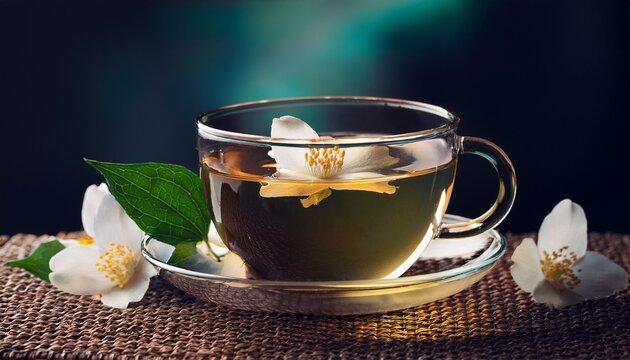 Jasmine Flowers Floating In Fragrant Herbal Tea Cup