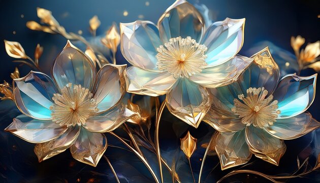 Abstract Crystal Flowers With Glittering Gold Accents Elegant And Sparkling Floral Art
