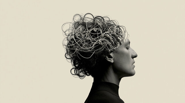 Contemporary art collage about chaotic nature of the human mind, tangled thoughts and emotional pressure, psychology and inner world concept, with copy space