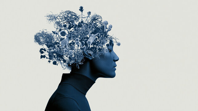 Contemporary art collage about chaotic nature of the human mind, tangled thoughts and emotional pressure, psychology and inner world concept, with copy space