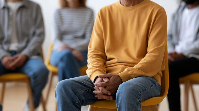 Diverse group therapy counseling session with men and women healing, discussing depression stress and anxiety, psychologist meeting concept, with copy space