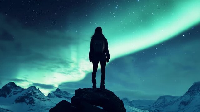 A lone hiker stands atop a rocky outcropping, admiring the mesmerizing light show of an aurora borealis.