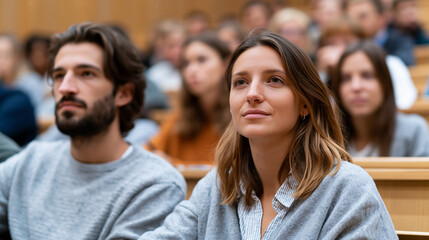 Fototapeta premium Young people listening to a psychology lecture in an auditorium, personal growth courses and group psychological interaction concept, with copy space