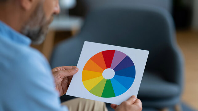Psychologist holding a colorful emotion wheel chart during a patient session, emotional intelligence assessment concept, defocused background, with copy space
