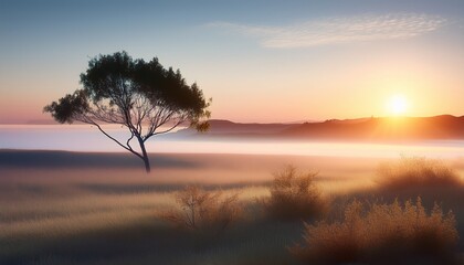 Naklejka premium Peaceful Dawn In A Serene Minimalist Landscape With Soft Hues And Delicate Foliage