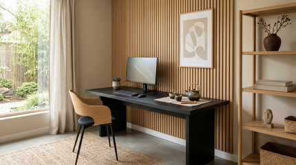 Fototapeta premium Modern home office with wooden accent wall, black desk, minimalist art, and natural light.