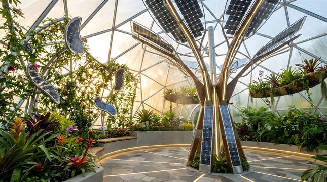 Futuristic geodesic dome greenhouse with a central solar tree installation and lush tropical plants.