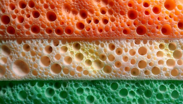 Close Up Of Colorful Porous Foam Texture Showing Layers Of Green Orange And Beige With Various Sized Holes Abstract Color Combo Background