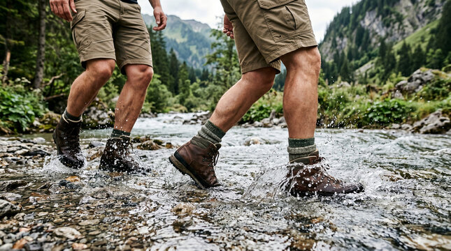 Hikers crossing mountain stream wearing hiking boots and shorts, summer adventure