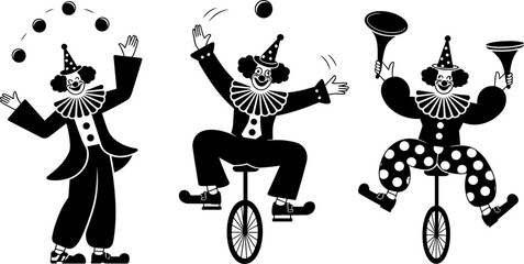 Circus Clown Juggling and Unicycle Silhouette Vector Set, Vintage Carnival Performer Illustration Collection © Universal Icons Lab