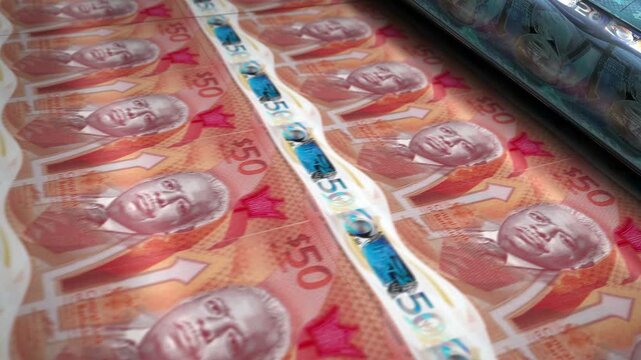 Barbados Dollar barbadian money banknotes printing roll machine loop. Paper 50 BBD bank note print 3d looping seamless. Abstract concept of banking, finance, economy and crisis.
