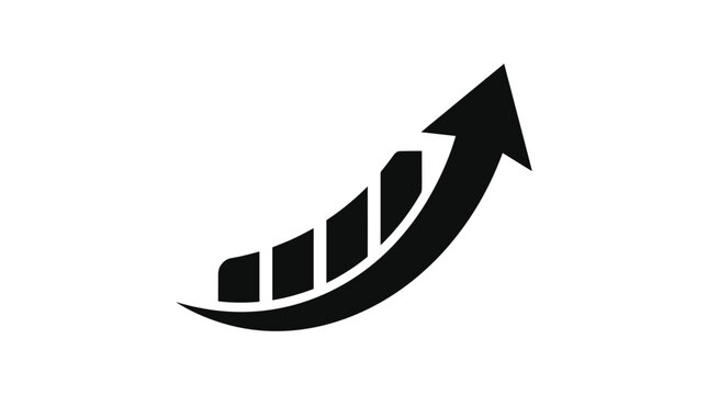 Ascending bar graph with arrow black silhouette on white background