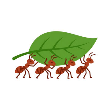 Four Cartoon Ants Working Together Carrying a Large Green Leaf