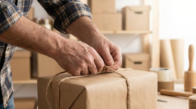 Close up of male hands tying a tight knot with rustic twine on a brown paper package