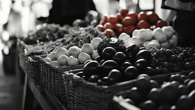 Bright colored fruits and vegetables in baskets on table