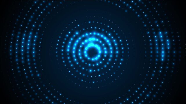 Futuristic halftone tech blue neon dots abstract background. Geometric radial glowing motion design. Seamless loop. Video animation Ultra HD 4K 3840x2160