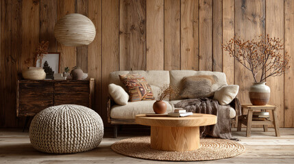 Obraz premium Interior Cozy Sofa Setting with Earthy Pillows and Green Accents in Stylish Modern Living Room