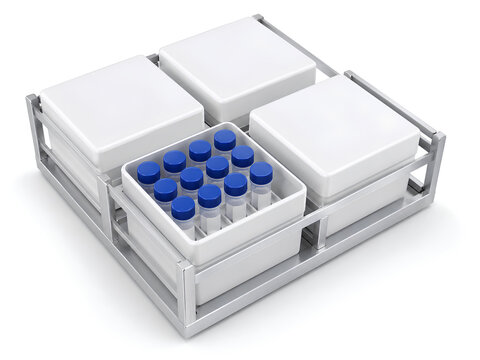 Biorepository freezer rack with cryoboxes and cryovials