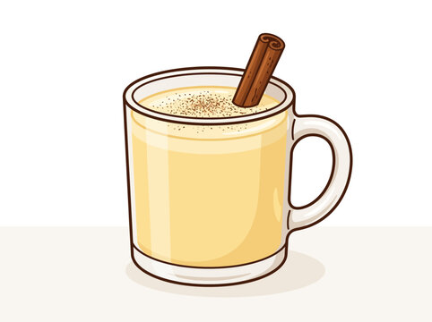 Festive eggnog in a mug with cinnamon stick and nutmeg garnish, a cozy holiday drink.