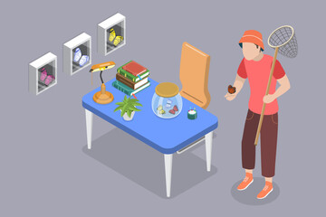 Obraz premium 3D Isometric Flat Vector Illustration of Entomologist, Man Catches Butterflies Using A Net For Collecting.