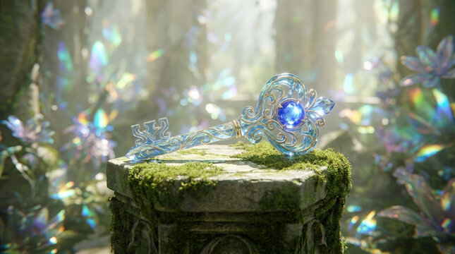 Ornate crystal magic key with a glowing blue orb resting on a mossy stone pedestal. Enchanted artifact in a sunlit fantasy forest
