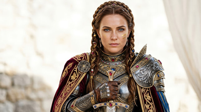 Portrait of a female knight in ornate silver and gold armor holding a sword. Strong woman warrior with braided hair and a red cape against a stone wall