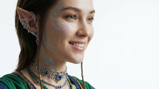 Portrait of a smiling female elf with pointy ears and glowing blue facial markings. Young woman wearing silver elven jewelry and ear cuff on a white background
