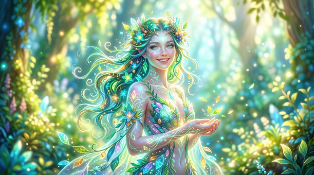 Joyful nature fairy with glowing vine patterns in an enchanted forest. Magical woodland nymph holding glowing leaves surrounded by spring flora
