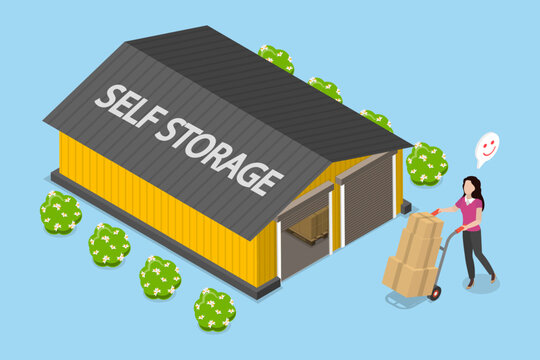 3D Isometric Flat Vector Illustration of Self Storage, Storing Unused Items In Cardboard Boxes