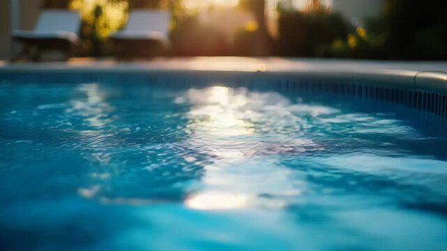 An inviting scene of a clear blue swimming pool with ripples reflecting the setting sun. The tranquil ambiance is perfect for unwinding after a long day.