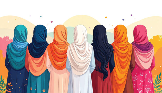 Diverse women wearing colorful headscarves together.