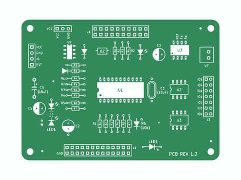 Green PCB circuit board with electronic components and connectors, isolated on white background