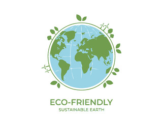 Obraz premium Eco-friendly Earth globe with green leaves and wind turbines, sustainable planet concept