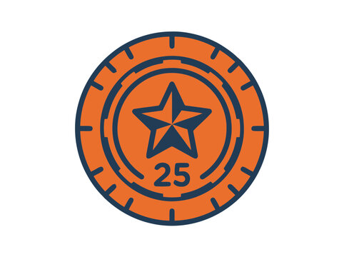 Orange and blue star coin icon with number 25