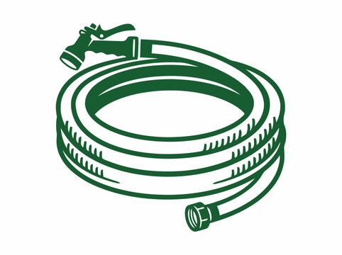 Green garden hose coiled on white background, water sprinkler nozzle attached