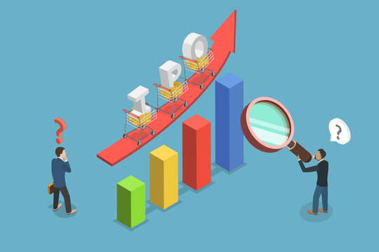 3D Isometric Flat Vector Illustration of IPO, Cart Riding On Trading Graph