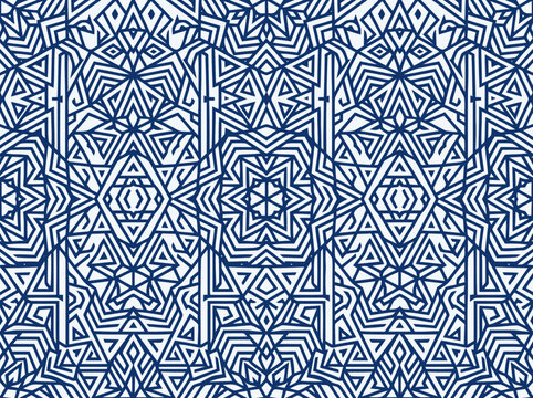 Seamless Geometric Pattern, Navy Blue and White Abstract Background, Intricate Lines