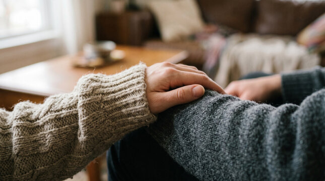 Comforting Hand Gesture: Close-up of two hands gently touching, offering support and empathy.