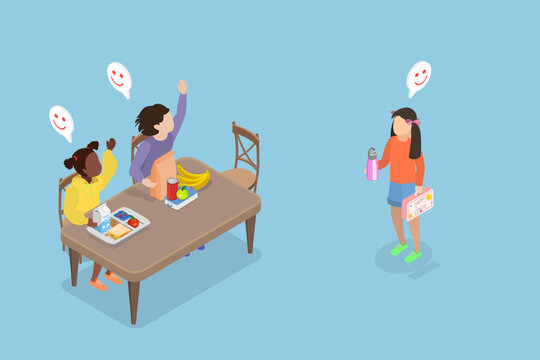 3D Isometric Flat Vector Illustration of School Lunch, Young Child Enjoying Lunch With Friend At School