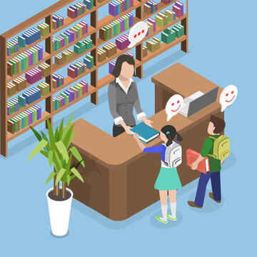 3D Isometric Flat Vector Illustration of Kids In Library , Children Seeking Book From Librarian At Library